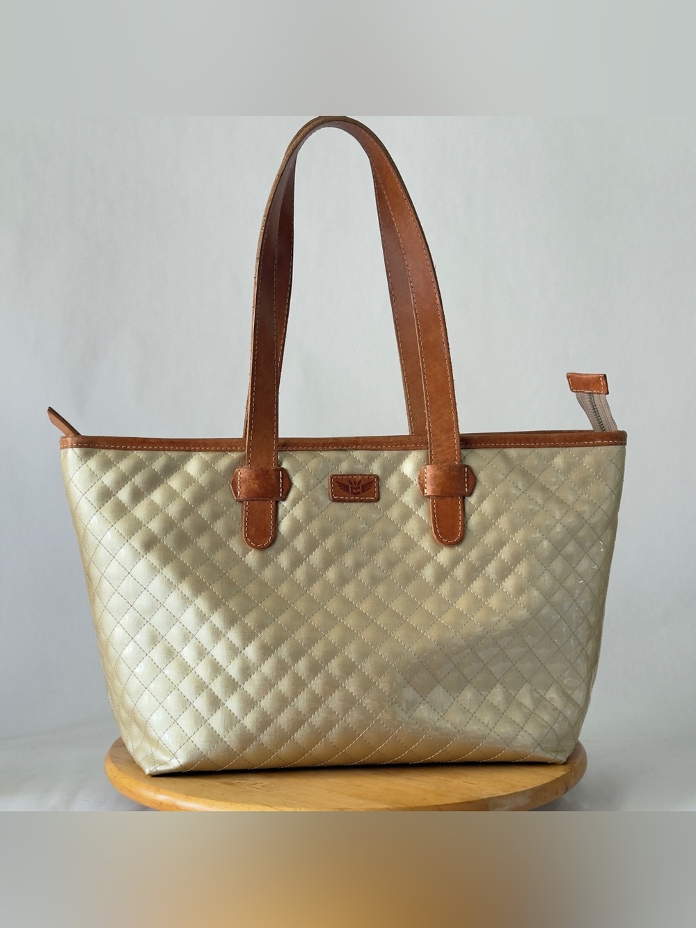 Consuela Champagne Candy Crush Zipper Tote Large Quilted Pattern, Leather Handle